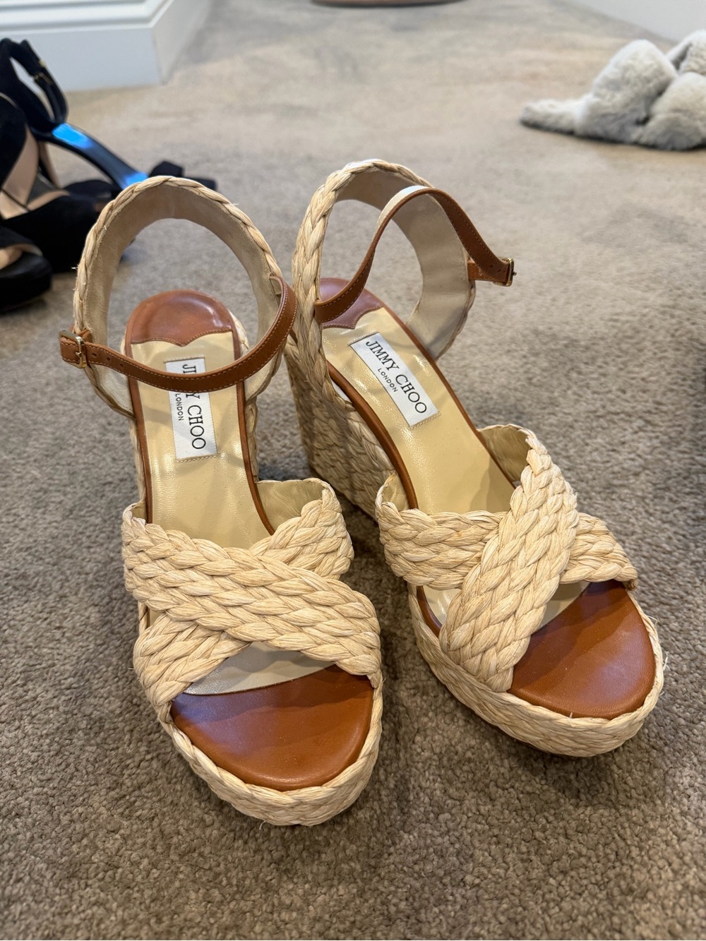 Jimmy Choo Natural Braided Espadrille Wedge Sandals with Tan Leather Accents